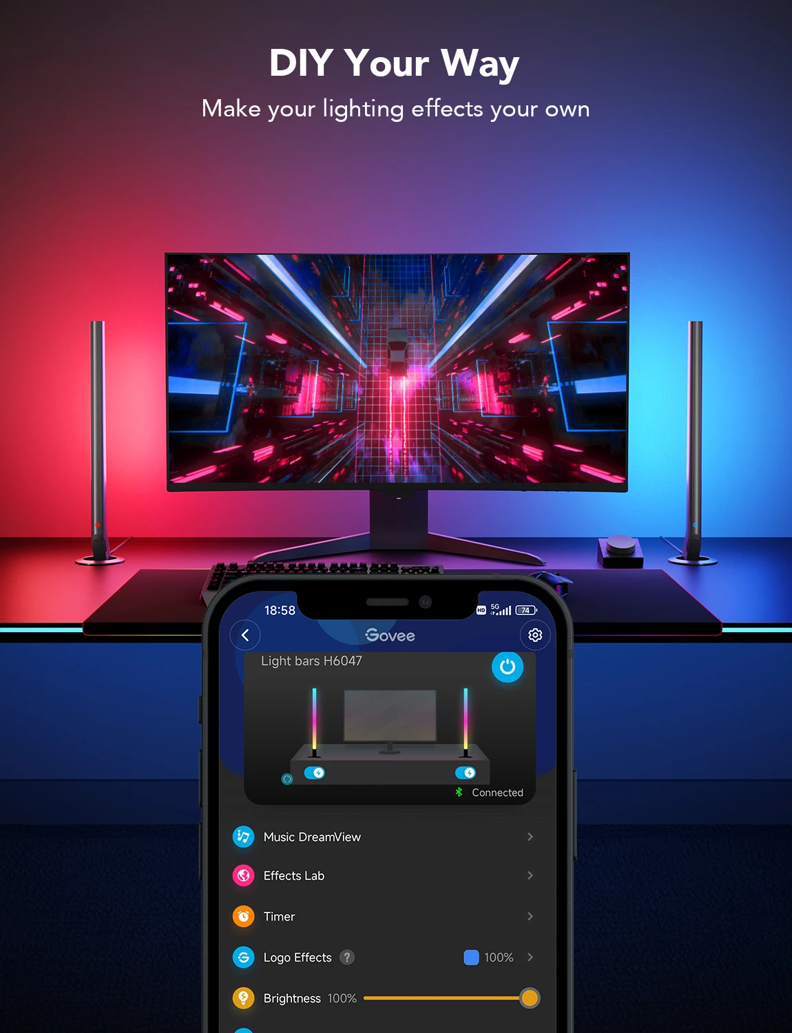 Shufra ndriçimi gaming Govee RGBIC Gaming Light Bars Wi‑Fi/Bluetooth, me kontrollor smart, set 2 copë, e zezë