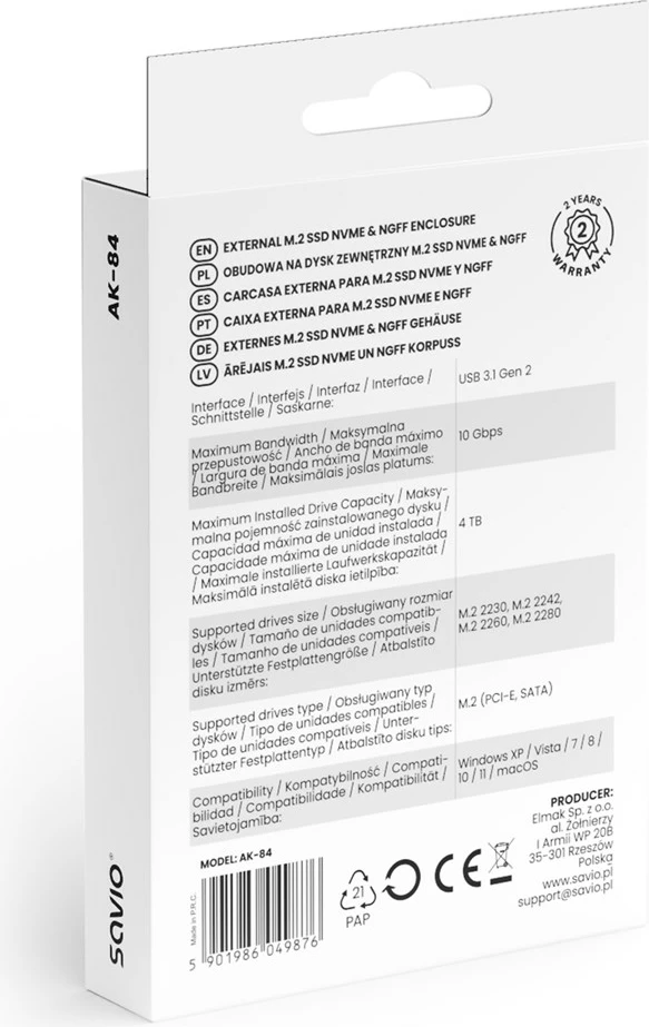 Kasë SSD SAVIO AK-84, M.2, USB Type-C, e zezë
