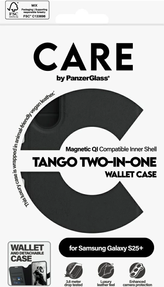 Mbështjellës portofol 2-në-1 PanzerGlass CARE Tango për Samsung Galaxy S25+, e zezë