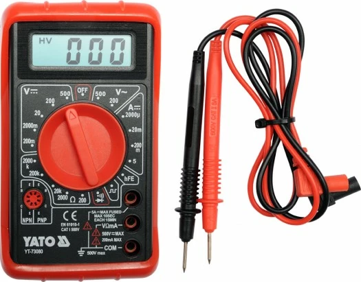Multimetër elektrik Yato YT-73080, 0-500V, 0-5A, holster i kuq, set me kabllo testimi