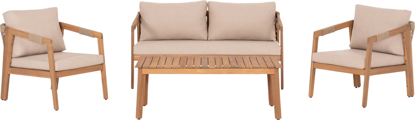 Set lounge për jashtë, 4 pjesë, dru akacie, litar, material poliestër, bezhë, SAVANNA FH6442