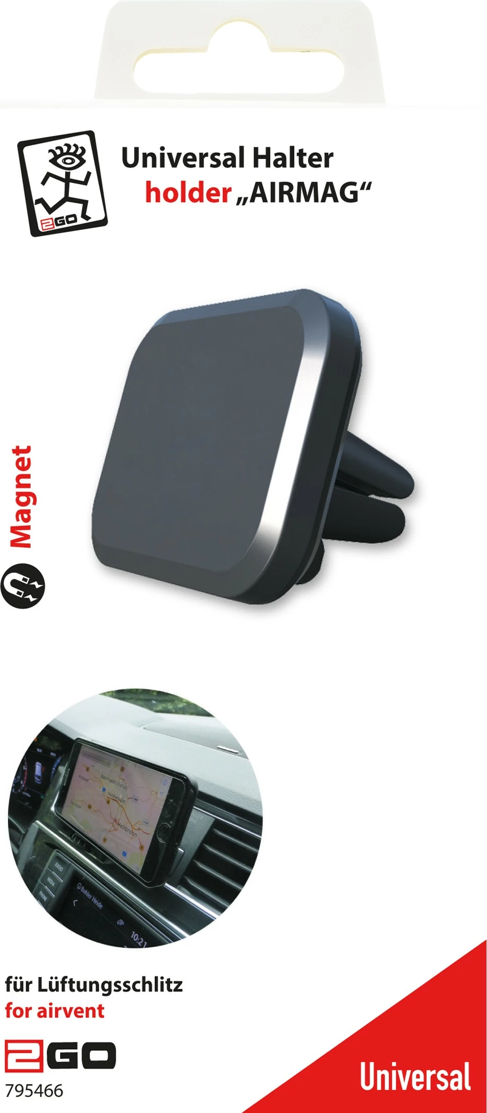 Mbajtës pasiv magnetik 2GO 795466 për celular, 360°, për veturë, zi/gri