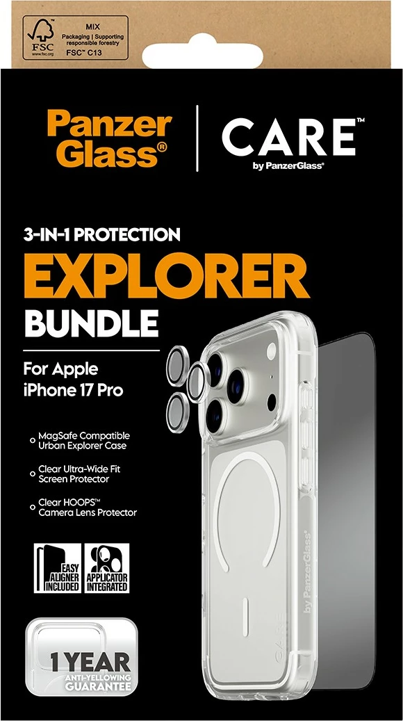 Mbështjellës PanzerGlass CARE 3-in-1 Flagship Explorer Bundle për iPhone 17 Pro transparent