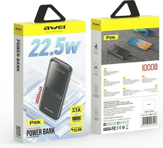 Powerbank AWEI P10K, 10000mAh, 22.5W, 2xUSB-A + USB-C, E zezë