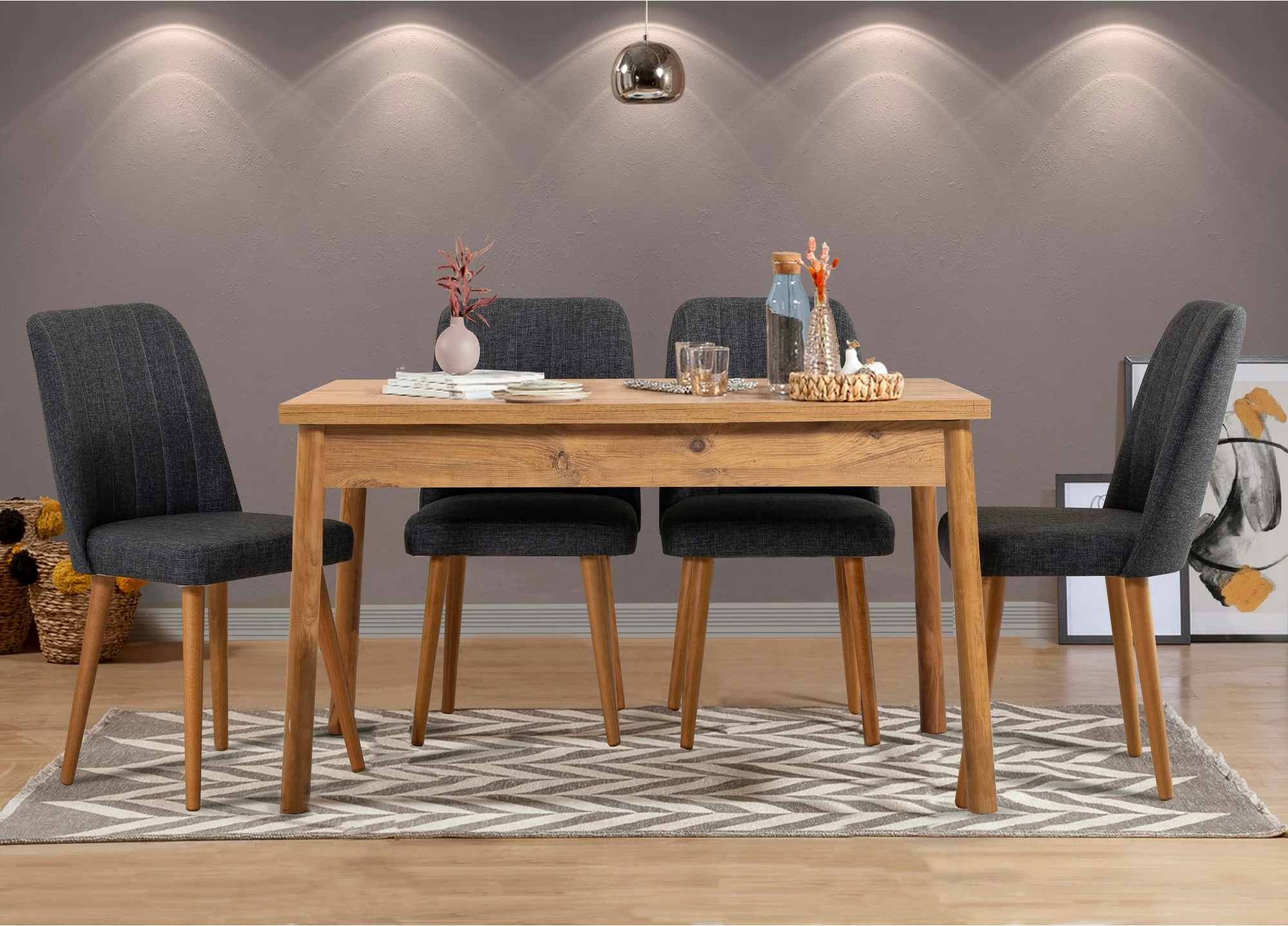 Set tavolinë me karrige për ngrënie, i zgjatshëm, Hanah Home, Santiago, ngjyrë Atlantic Pine dhe antracit, 5 copë