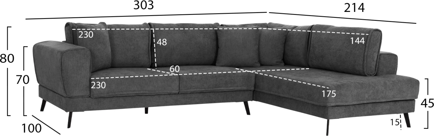 Këndare me shtrat, Zenora, kënd i djathtë, material stof ngjyrë gri e errët, FH3337.01R, 303x214x80cm