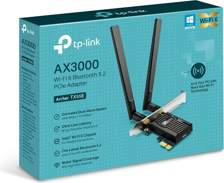 Kartelë rrjeti TP-LINK Archer TX55E, WiFi 6, PCIe, AX3000, me Bluetooth 5.2, e zezë