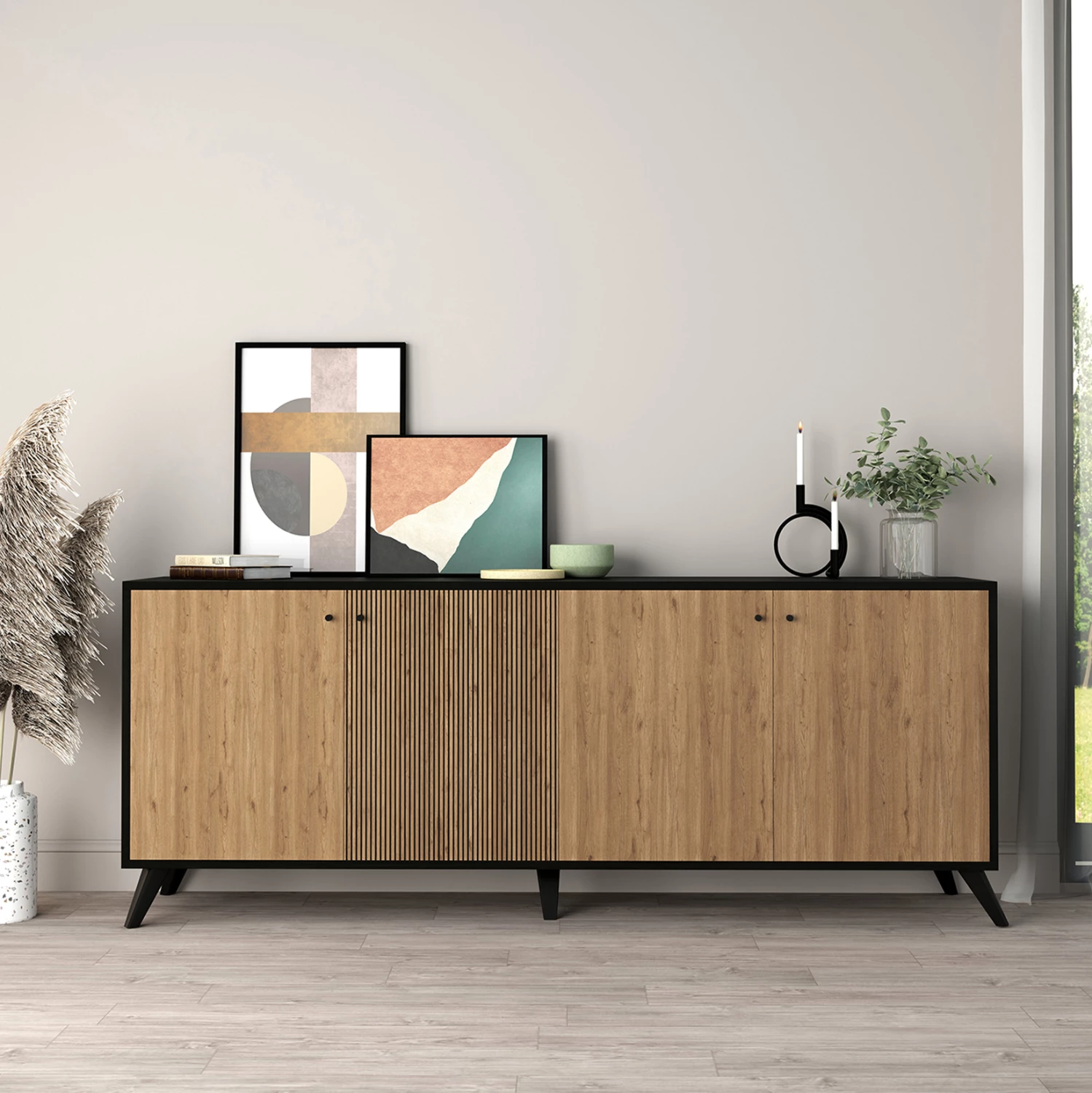 Bufe KRUDEN, melaminë, ngjyrë e zezë-natyrale, FH9446.11, 180x40x78.6 cm