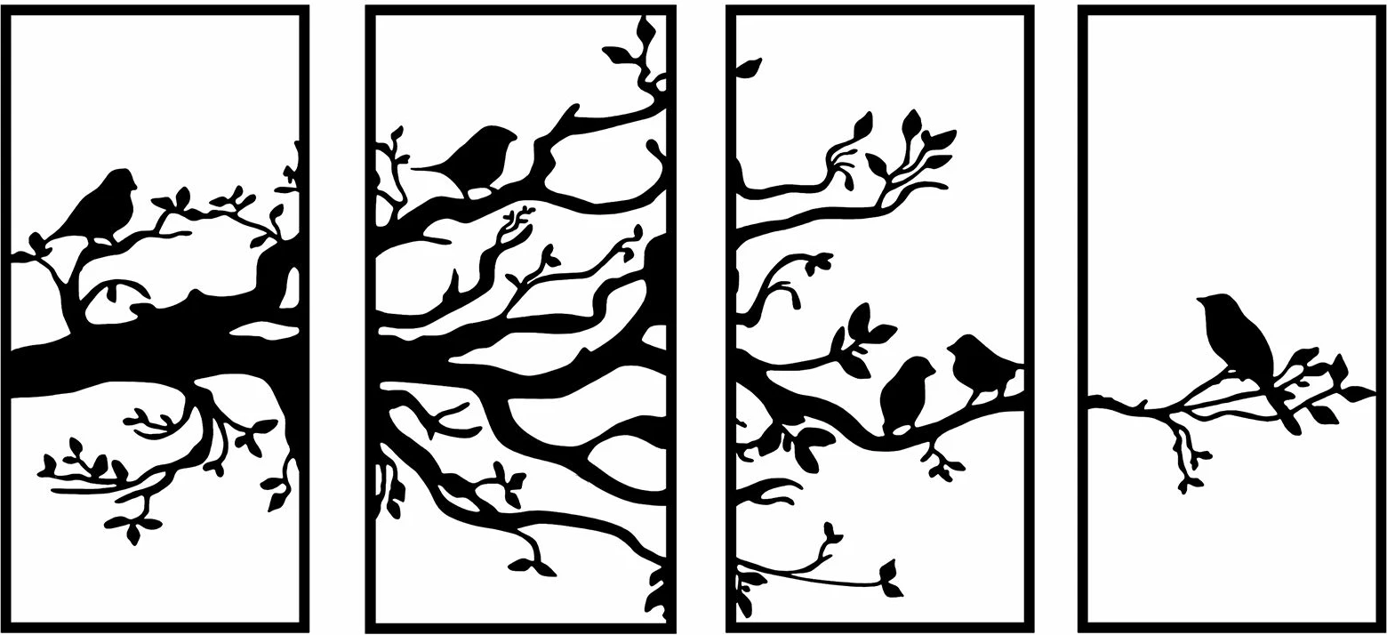 Aksesor dekorativ metalik për mur, degë peme dhe zogj, 4 pjesë, Wallity - 269