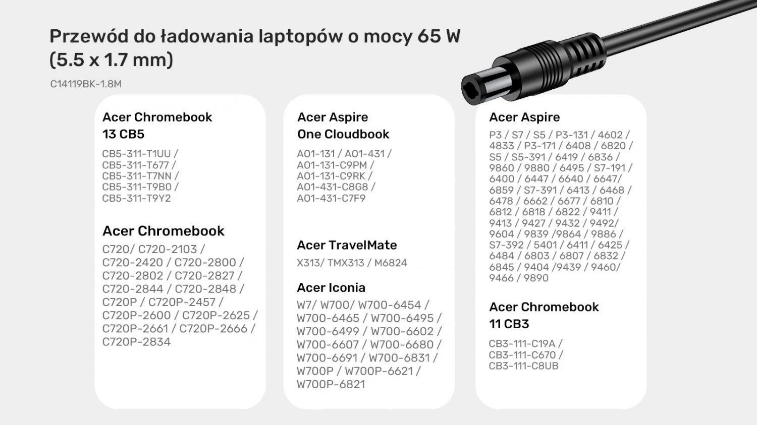 Kabllo furnizimi për laptop Acer Unitek, 65W USB-C - DC5,5, ngjyrë e zezë