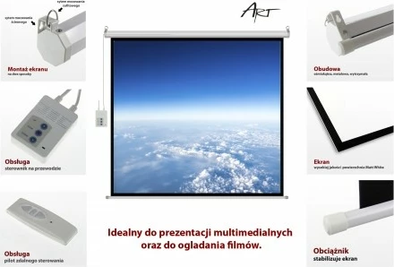 Ekran elektrik projekcioni ART EL F100 4:3, 100 inç, me telekomandë, Bardhë