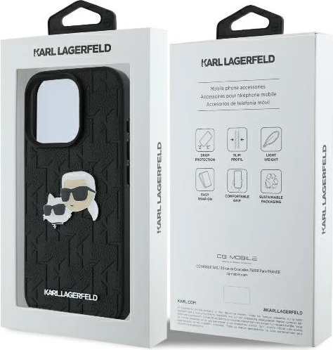 Mbështjellës Karl Lagerfeld Monogram Karl & Choupette Head Pin për iPhone 16 Pro, i zi