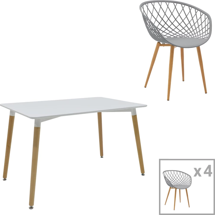 Tavolinë me karrige Ezra-Natali, ngjyrë gri-bardhë, këmbë natyrale, 120x80x76cm