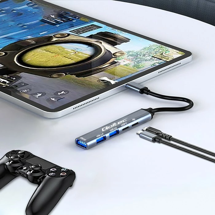 HUB USB-C Qoltec 53790, 5 porte, USB 3.0/2.0/USB-C/PD, grafit
