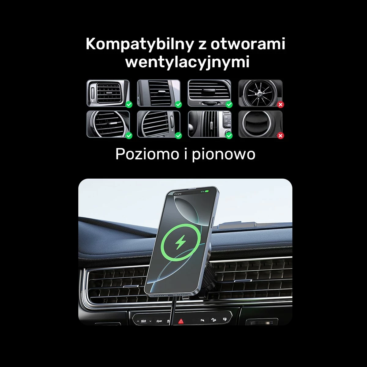 Mbajtës veture Unitek 38W Qi2, karikues wireless, USB Type C, i zi