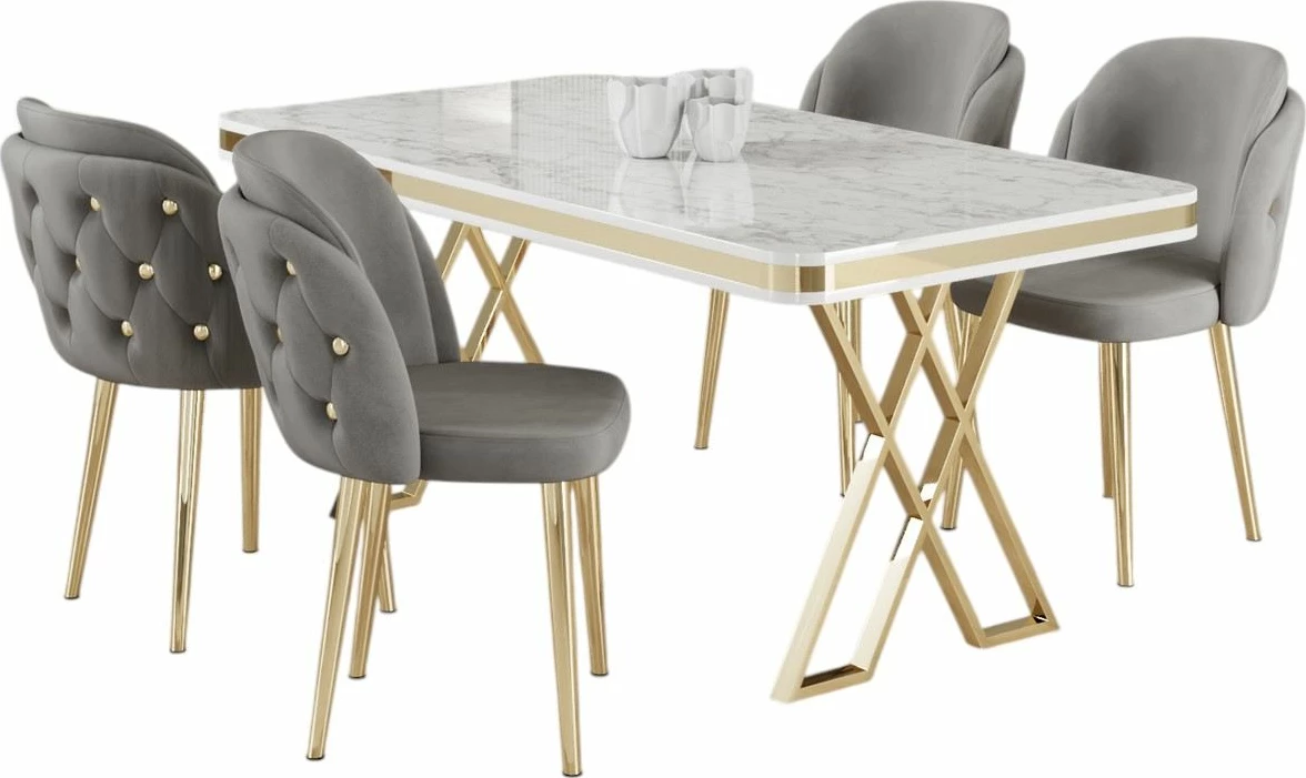 Tavolinë me karrige, 5 copë, Skye Decor Rigel, e bardhë, ari, gri