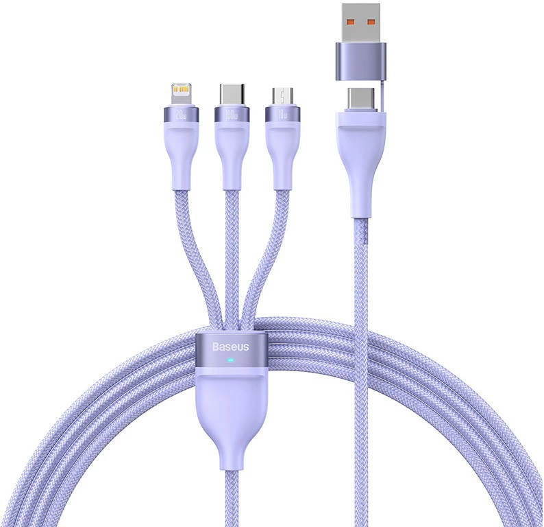 Kabllo 3-në-1 Baseus Flash Series 2, 1.5m, 100W, USB-C + micro USB + Lightning, vjollcë