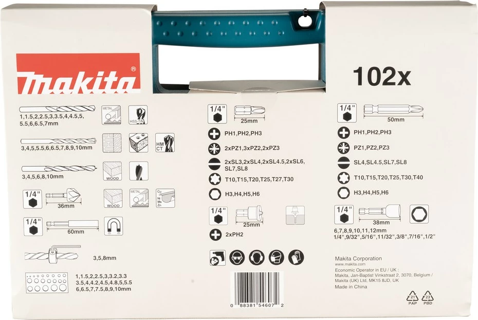 Set bitash e burgish Makita B-68432, 102 copë, me kuti plastike