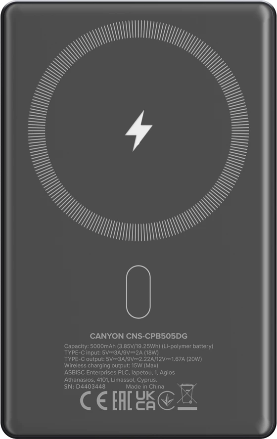Power bank CANYON OnPower 505 5000 mAh PD 20W magnetik (MagSafe), Dark Grey