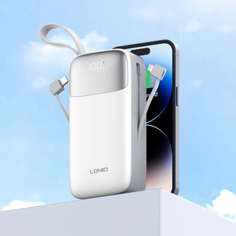 Power bank LDNIO PQ30 30000mAh 22.5W me kabllo të integrume USB-C/Lightning, 2 porta USB, e bardhë