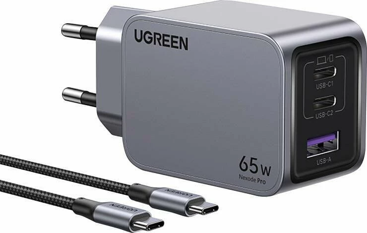 Karikues rrjeti Ugreen Nexode Pro UGR1833 65W, 2x USB-C + 1x USB-A, me kabllo USB-C 1.5m, i zi