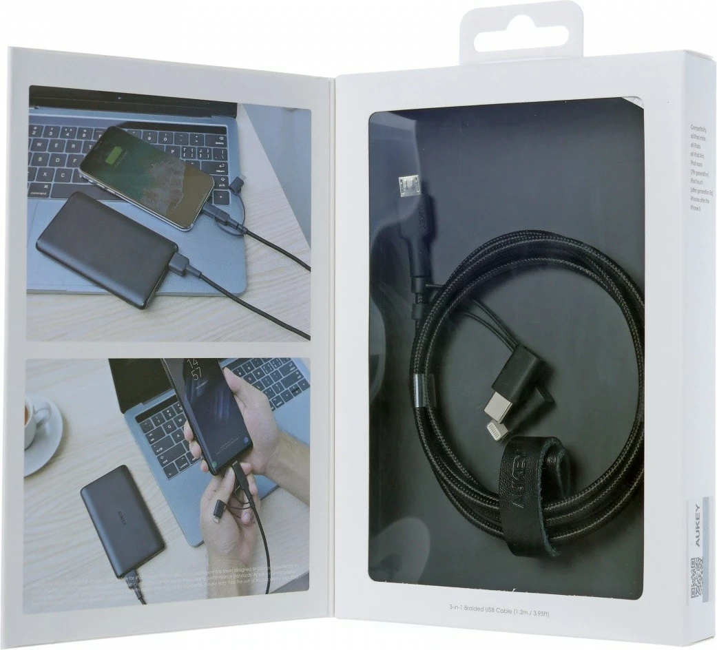 Kabllo 3-në-1 AUKEY CB-BAL5, 1.2m, USB C, Lightning, Micro USB, e zezë
