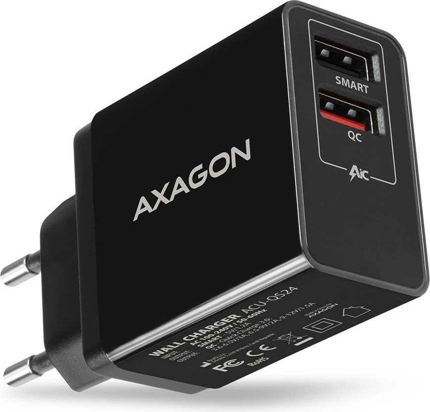Karikues rrjeti AXAGON ACU-QS24, 24W, 2x USB-A, QC3.0/AFC/FCP, i zi