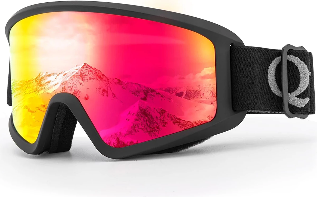 Syze skijimi Qunature Black për të rritur, lente të kuqe, rrip i rregullueshëm, e zezë