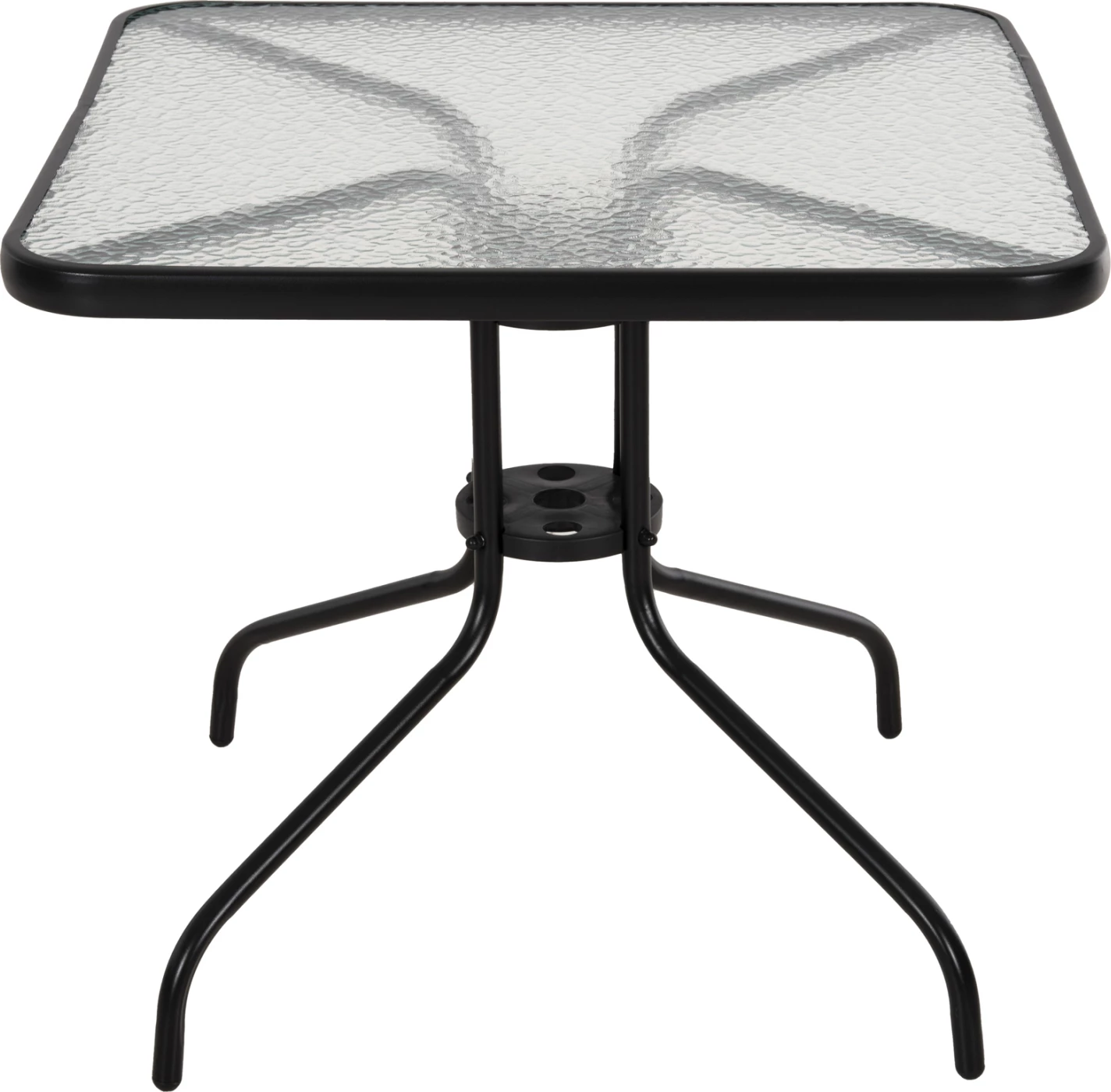 Tavolinë e jashtme katrore FIGO FH5972.03, metalike e zezë me sipërfaqe tavoline prej xhami, 80x80x71 cm