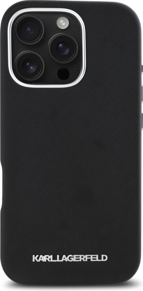 Mbështjellës Karl Lagerfeld Saffiano Full Wrapped Elongated Metal Logo MagSafe për iPhone 16 Pro, Zi