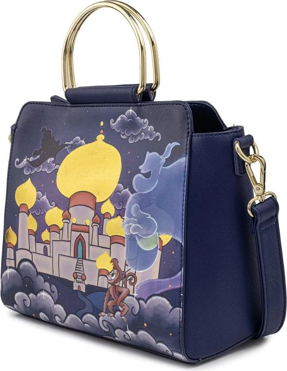 Çantë crossbody Loungefly Disney Jasmine Castle, lëkurë vegane PU, rrip i rregullueshëm i heqshëm, 24.8x21.5x10.8 cm, blu e errët