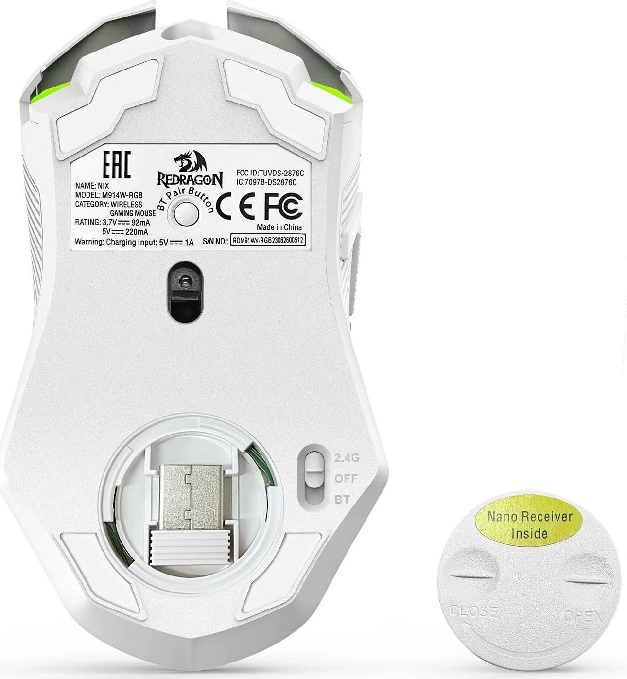 Maus Redragon M914W-RGB NIX, RGB, wireless, 5000 DPI, bardhë