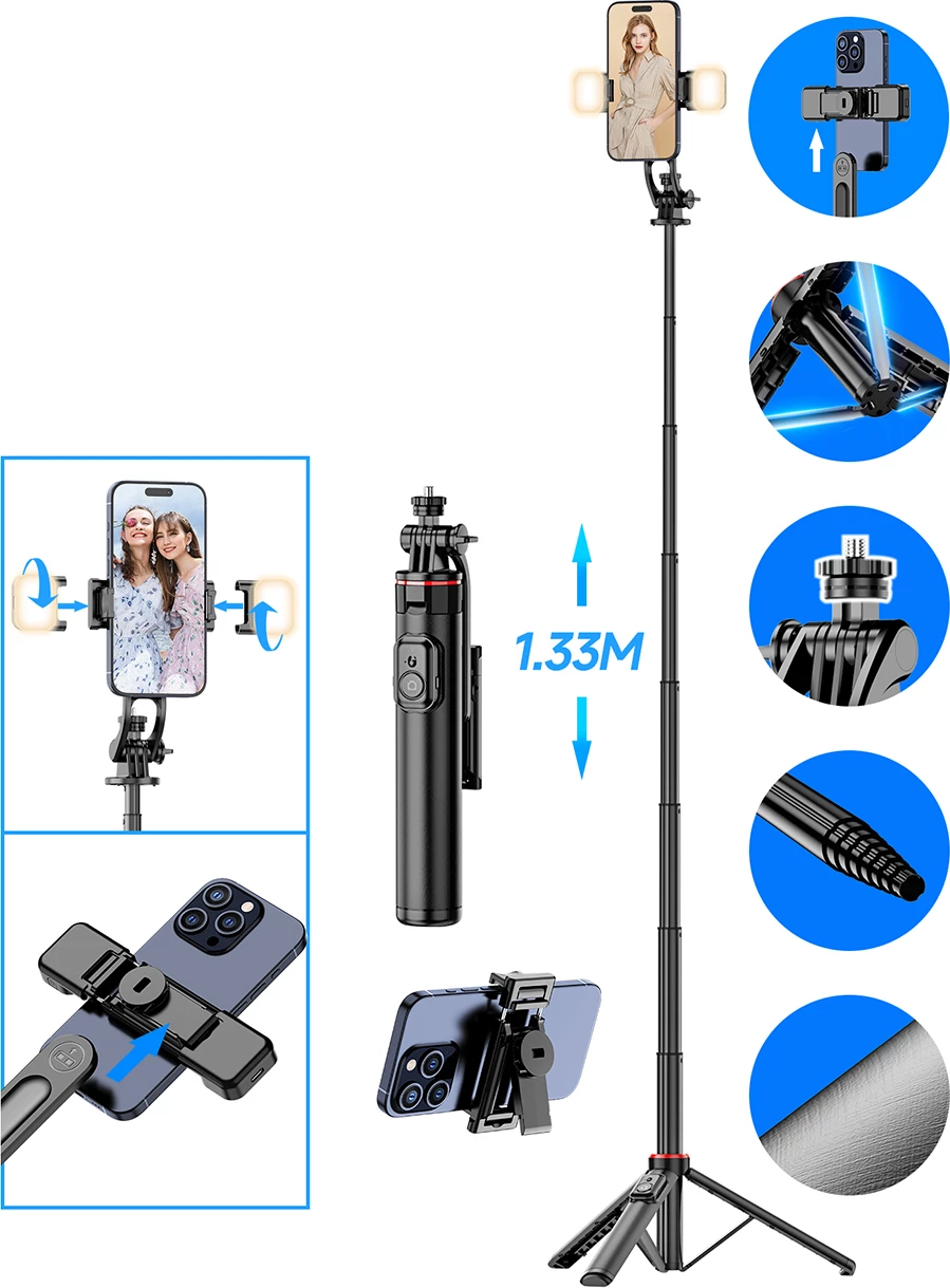 Selfie stick Hurtel WC12YDS tripod teleskopik me dy llampa, 1.3m, Bluetooth, i zi