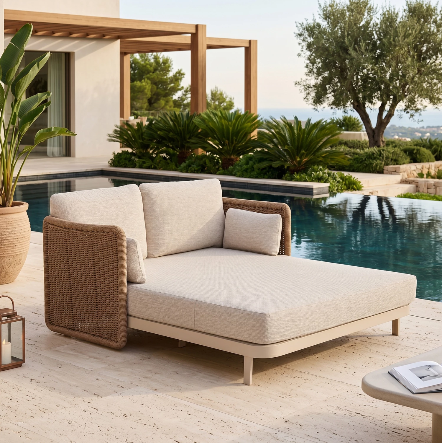 Daybed 2-vendësh DESTINY, alumin ngjyrë fildishi, ratan bezhë, 202x170x73.5cm
