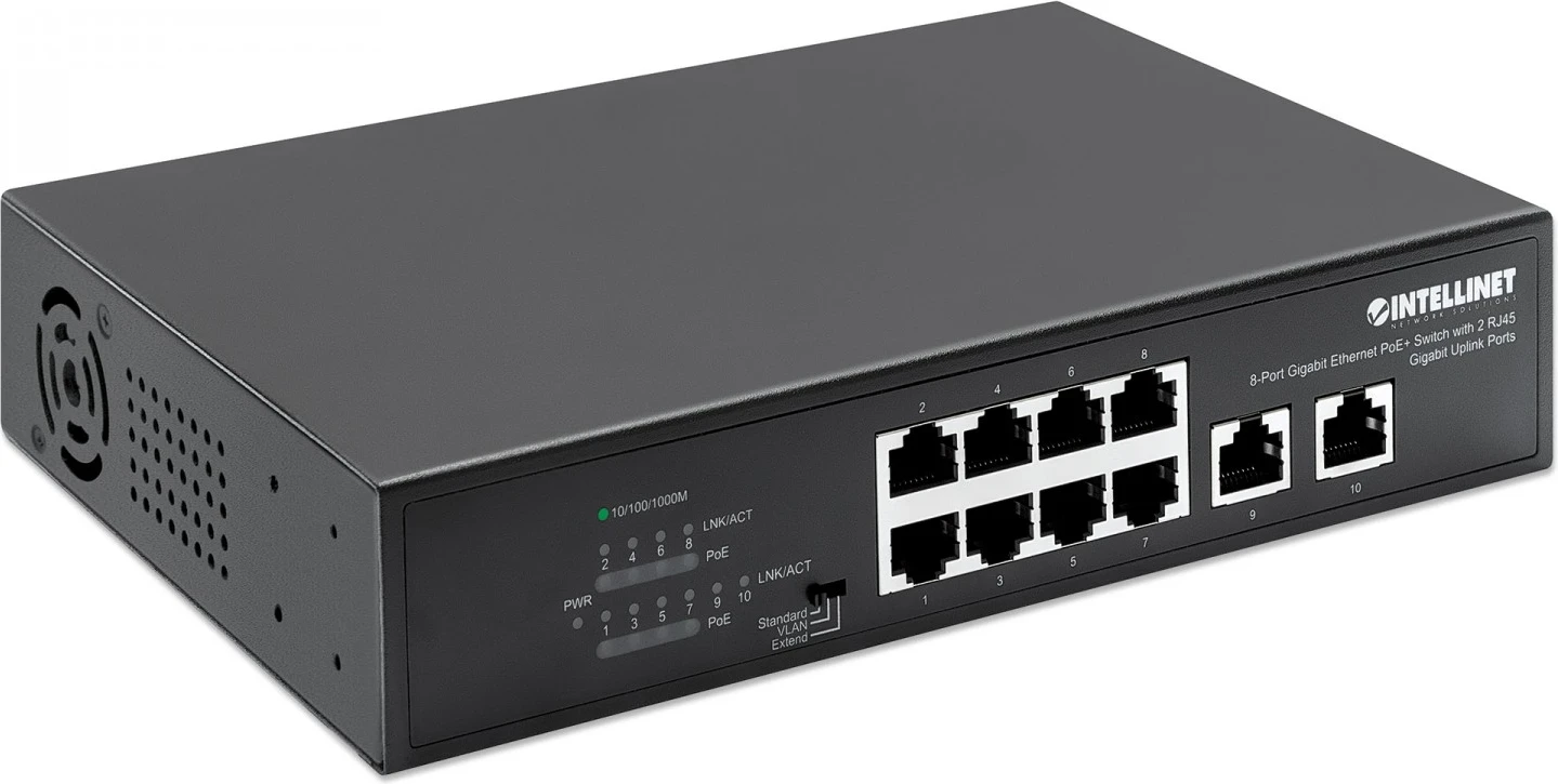 Switch Gigabit Intellinet 561402, 8x RJ45 PoE+, 2x RJ45 Uplink