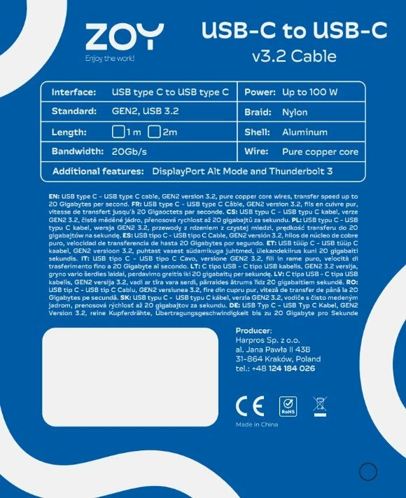 Kabllo USB-C në USB-C ZOY ZCCC1 1m 100W 20Gbps USB 3.2 Gen 2, zi-argjend