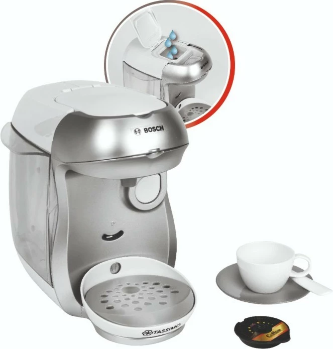 Makineri kafeje lodër, Klein Bosch Tassimo 9231, me efekte zanore dhe rrjedhë uji, me filxhan, pjatëz, lugë dhe 2 kapsula, argjend