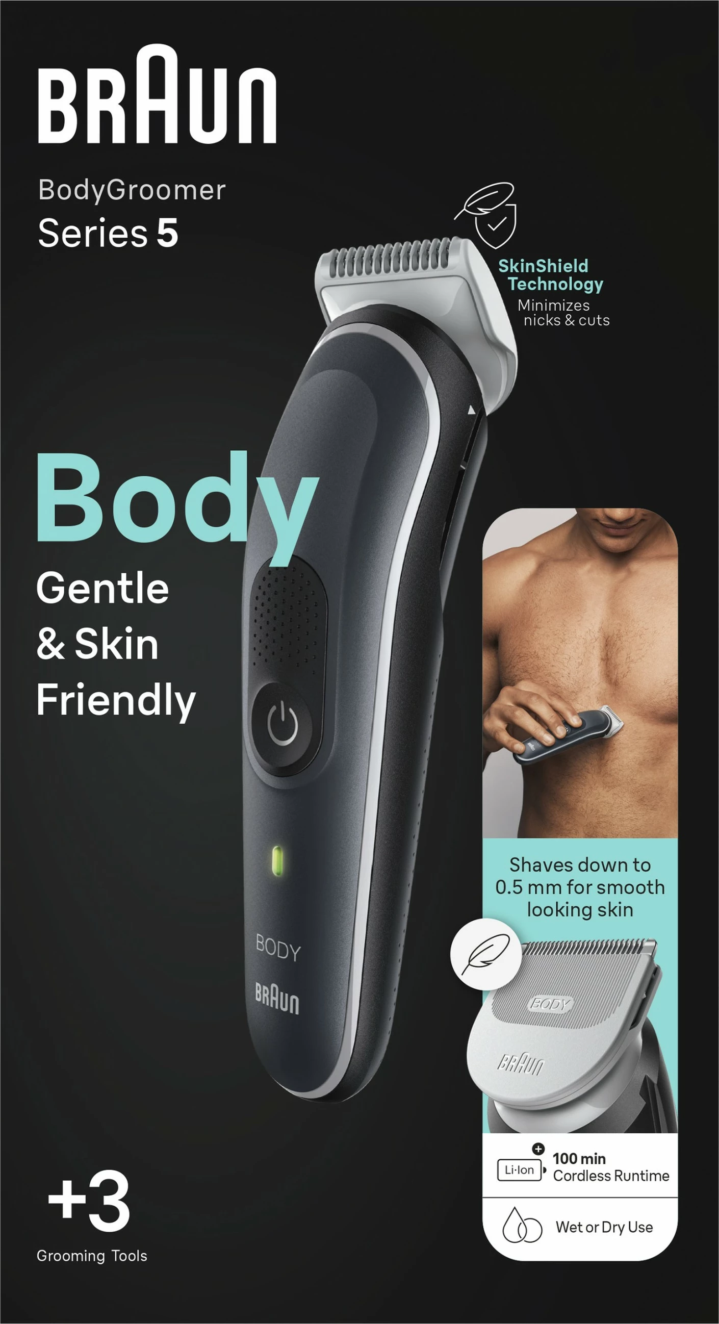 Body groomer Braun BG5350, SkinShield, 2 koka, Wet & Dry, zi, argjendtë