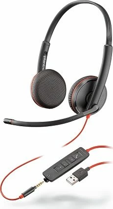 Kufje Poly Blackwire C3225 (209747-201), me mikrofon, USB + 3.5 mm, me kontroll në kabllo, duo, me detaje të kuqe