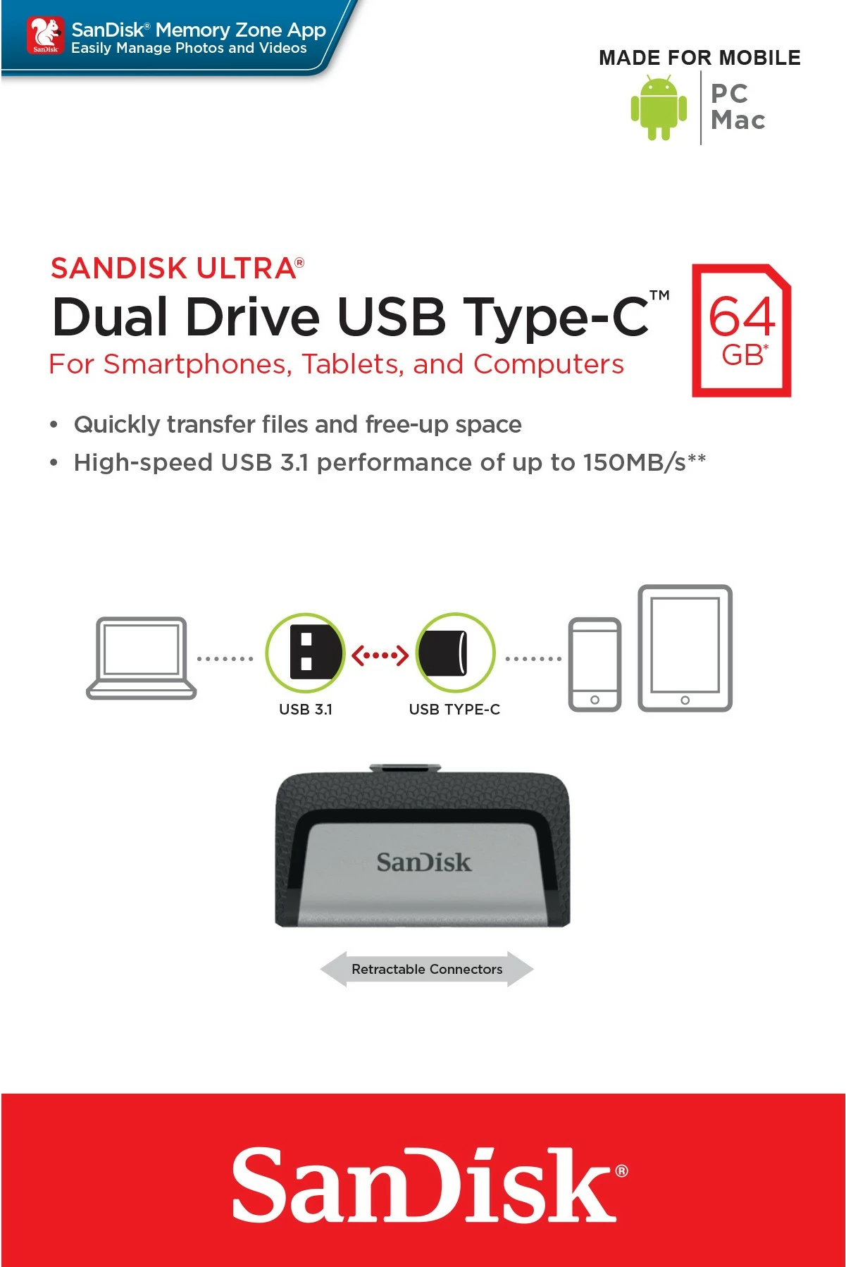 USB SanDisk Ultra Dual Drive, 64 GB, USB Type-A / USB Type-C, 3.2 Gen 1, Black, Silver