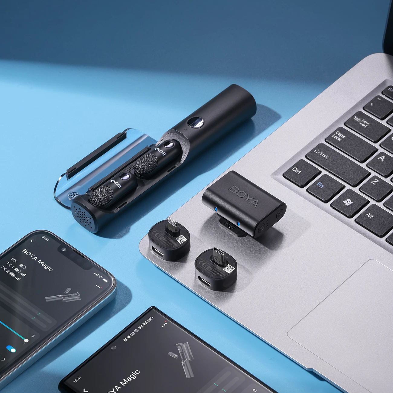 Mikrofon pa kabllo BOYA Magic-02 2.4GHz USB-C, set 2x transmitter + receivera + kuti karikimi, i zi