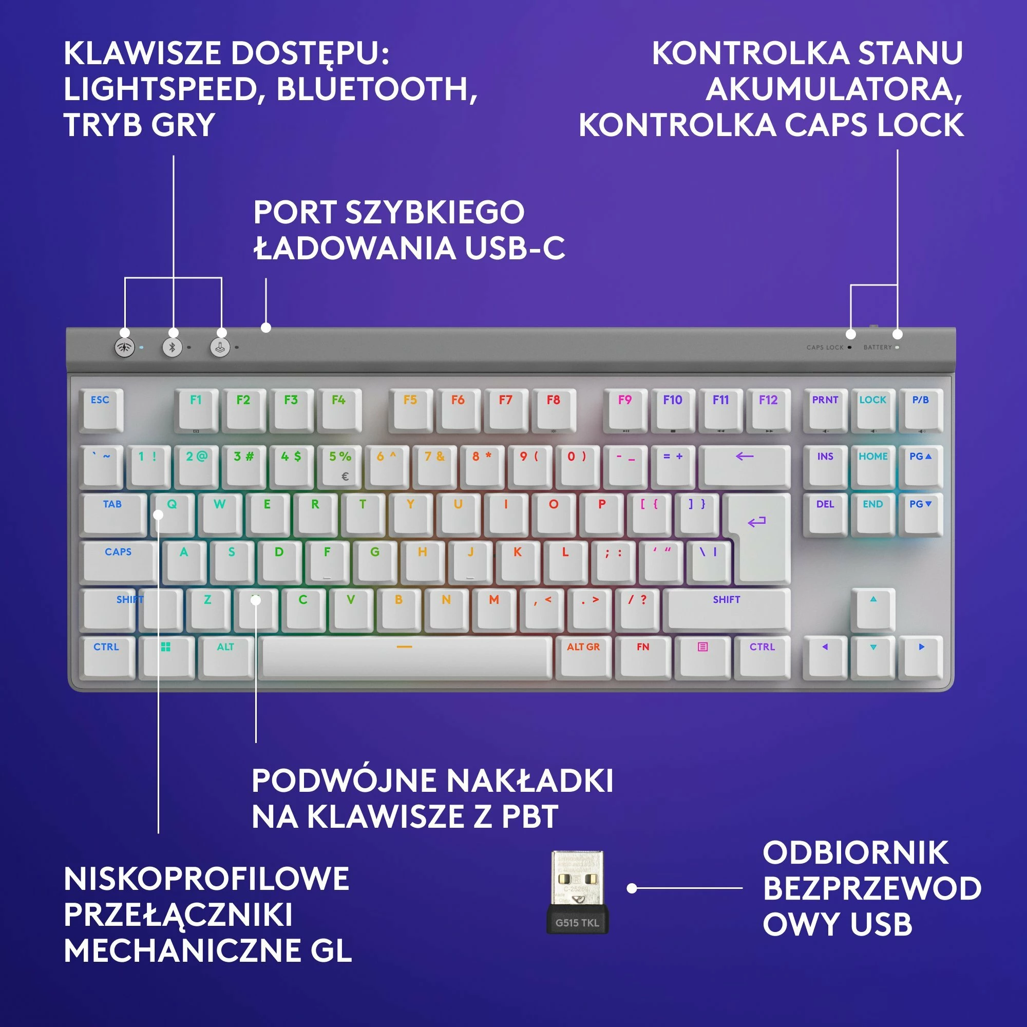 Tastierë gaming Logitech G515 LIGHTSPEED TKL 920-012539, mekanike GL Brown low-profile, RGB, Wireless/Bluetooth/USB-C, layout US, e bardhë