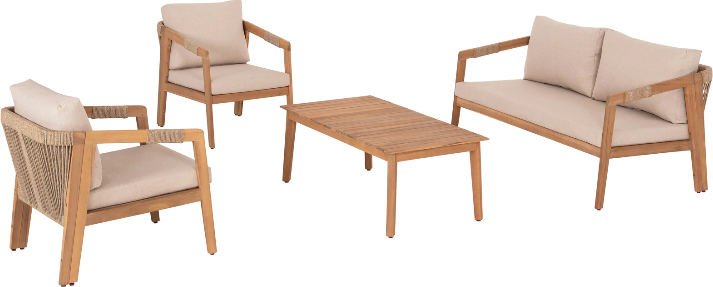 Set lounge për jashtë, 4 pjesë, dru akacie, litar, material poliestër, bezhë, SAVANNA FH6442