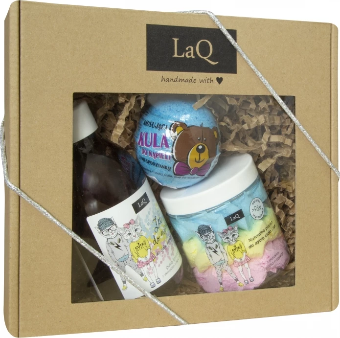 Set kozmetik për fëmijë LaQ Bubble Gum, xhel trupi e duarsh 300ml, shkumë trupi 250ml, bombë banje me befasi blu 120g