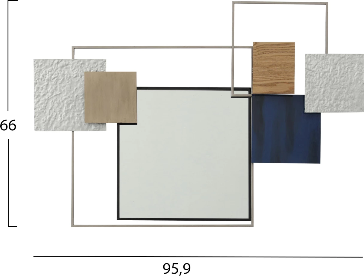 Dekor muri FH7563, pasqyrë metalike me forma katrore në ngjyra të ndryshme - bardhë, off-white, bezhë, blu, gri