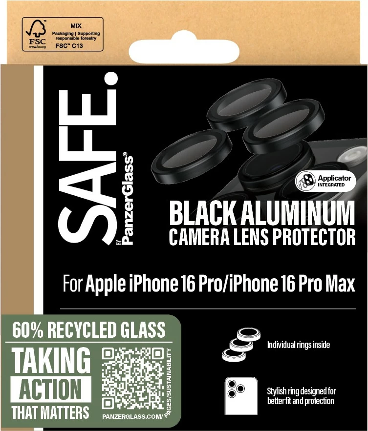 Mbështjellës kamerash PanzerGlass për iPhone 16 Pro, i zi