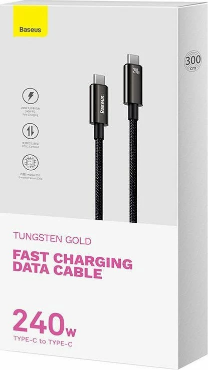 Kabllo USB-C në USB-C Baseus Tungsten Gold CAWJ040201 3m 240W PD3.1 480Mbps e zezë