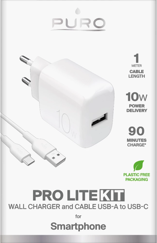 Karikues muri Puro PROLITE 10W me USB-A dhe kabllo USB-A në USB-C 1.2m, Bardhë