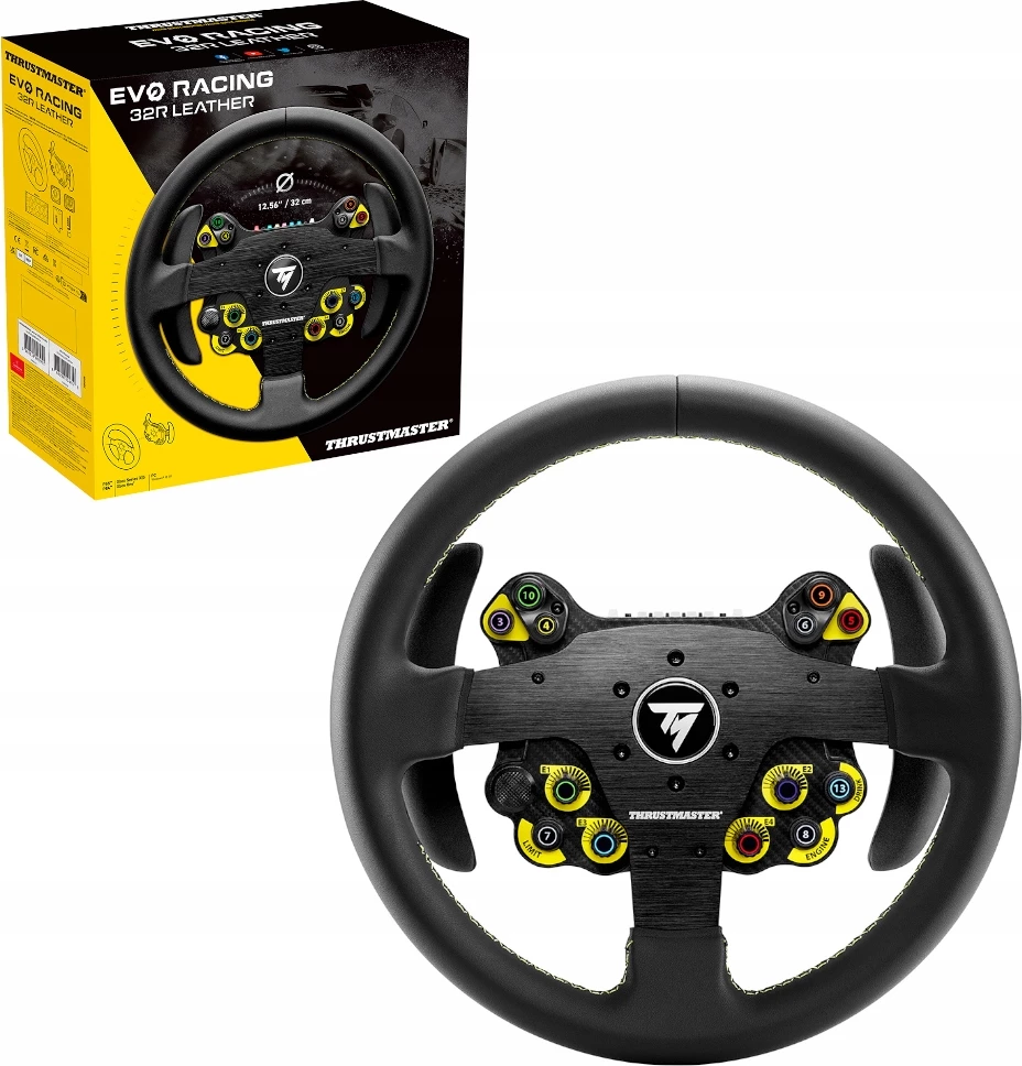 Timon garash Thrustmaster EVO Racing 32R, 32 cm, lëkurë, 25 butona, për PS5/PS4/Xbox/PC, i zi