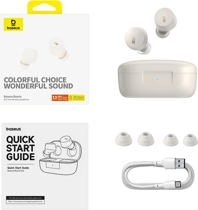 Dëgjuese Baseus Bowie E18, True Wireless Stereo (TWS), Bluetooth, të bardha
